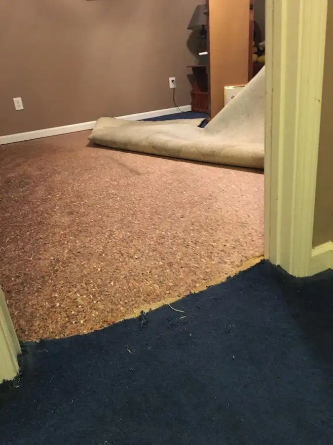 Carpet pad removal revealing water damage during Water Mitigation Services in West Bountiful
